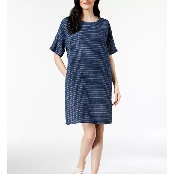 Eileen Fisher Organic Linen Delave Pinstripe Scoop Neck Tunic Dress Sz XXS *R23 - Picture 1 of 4